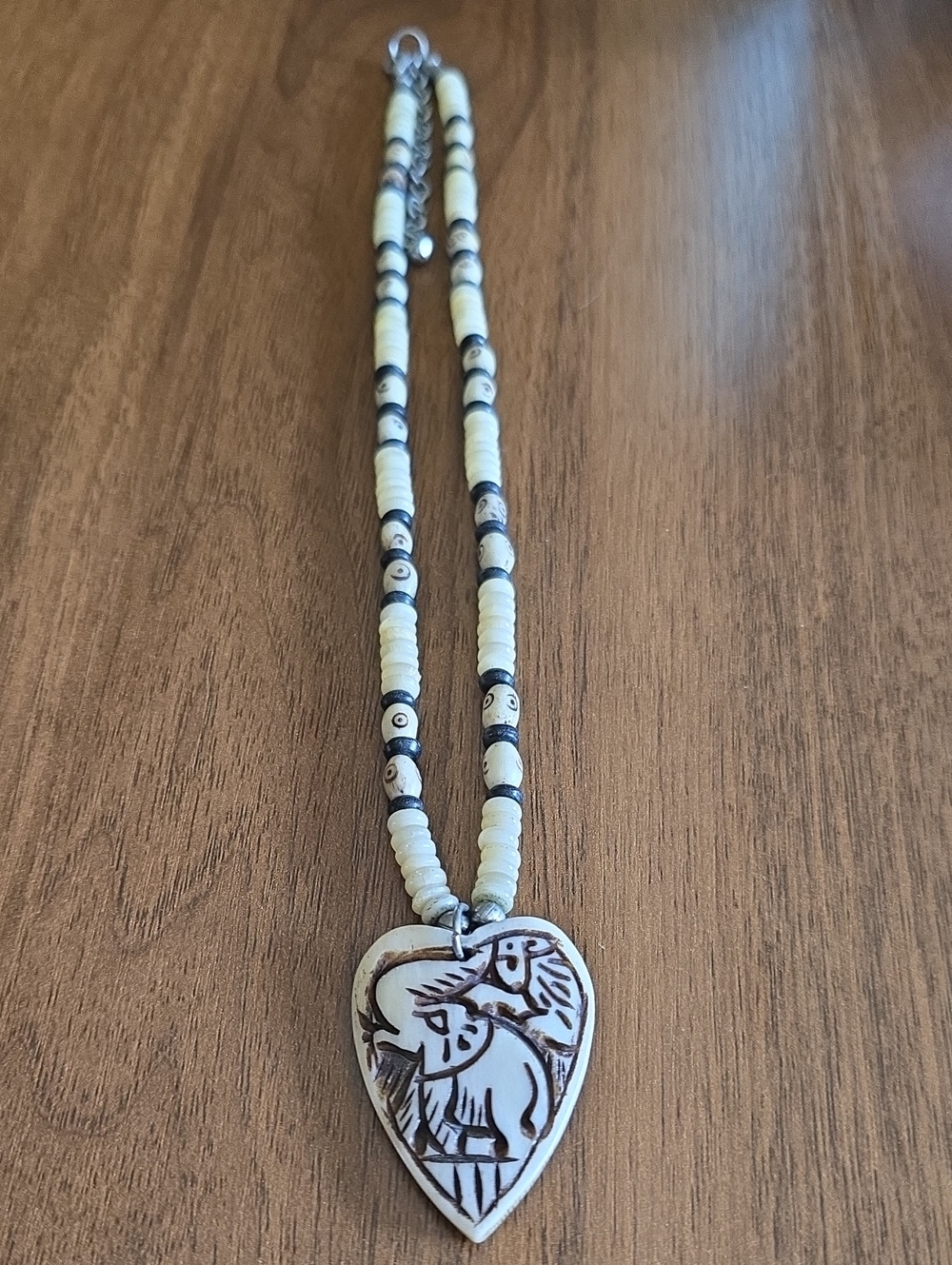 Bone Necklace With Carved Elephant Heart Pendant Vintage